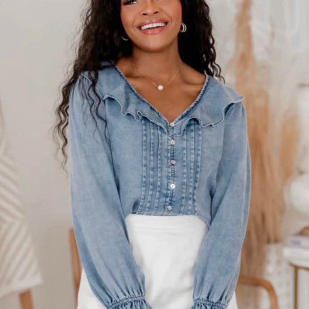 Denim Ruffle Blouse